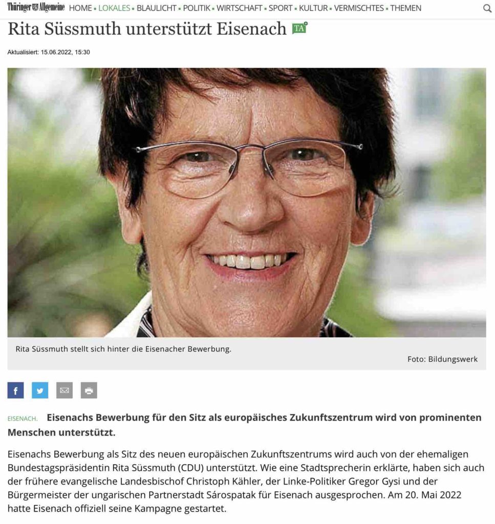 Rita Süssmuth unterstützt Eisenachs Bewerbung